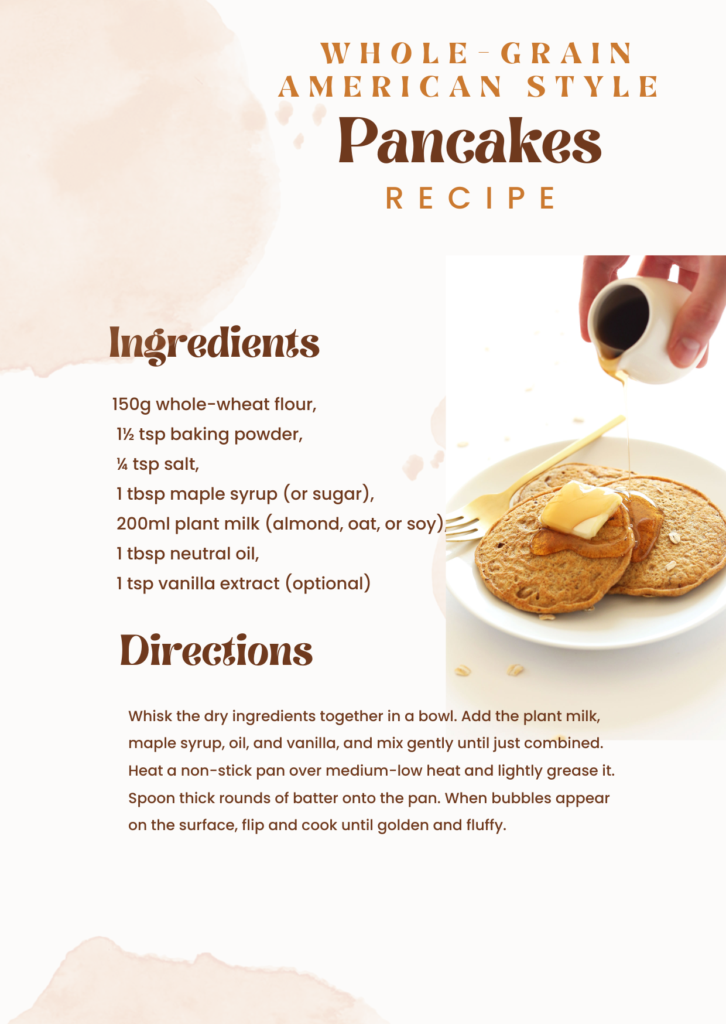 A recipe card for "Whole-Grain American Style Pancakes" featuring a photo of thick pancakes with butter and maple syrup being poured.