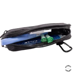 Inside Epipen pouch insulated compact waist holder with carabiner ID card showing foam insulation and mesh pocket