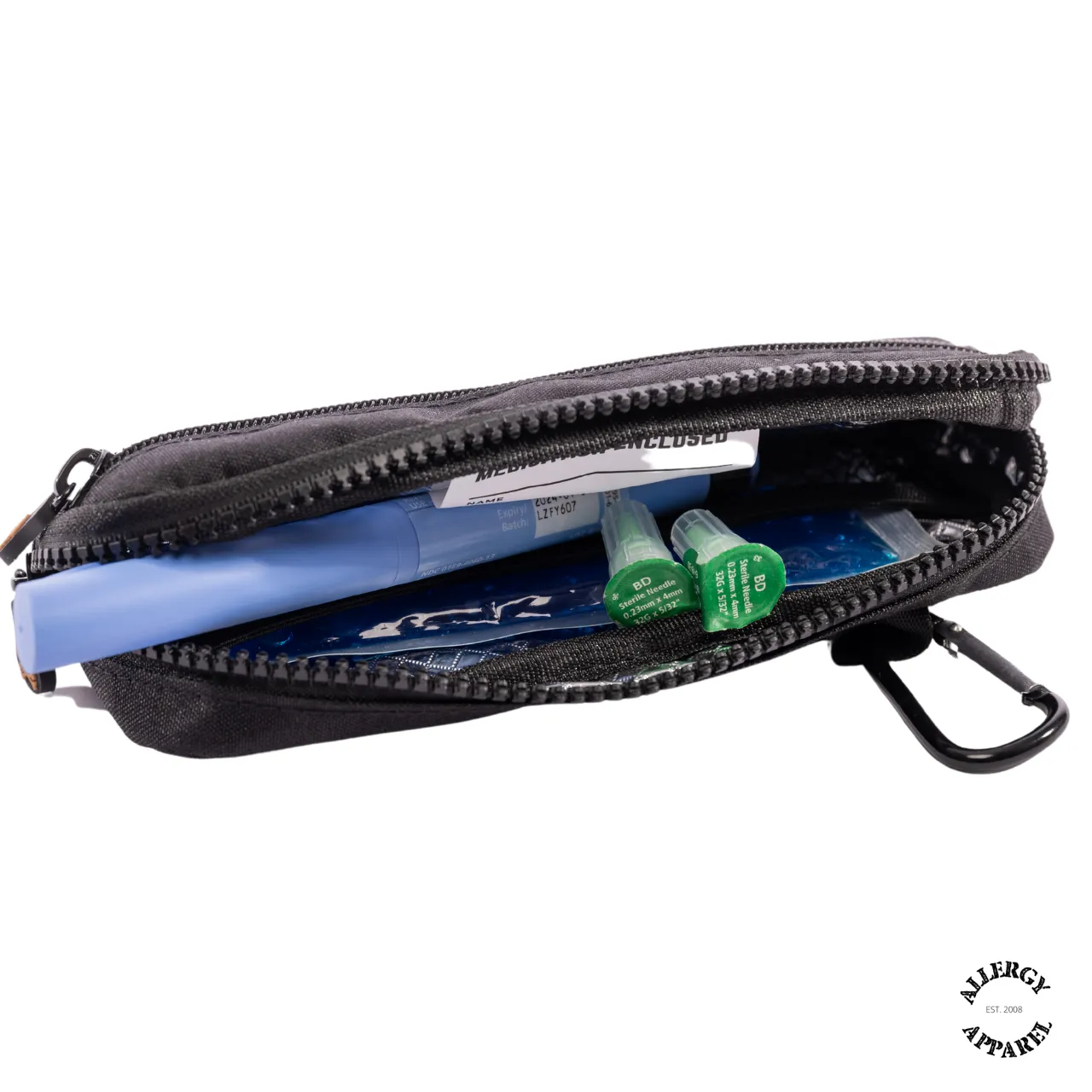 Inside Epipen pouch insulated compact waist holder with carabiner ID card showing foam insulation and mesh pocket