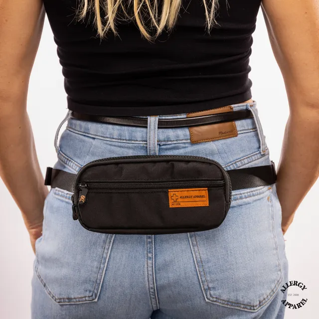 Front zip pocket on Epipen pouch insulated compact waist holder with carabiner ID card for ID cards and cash