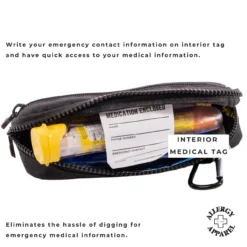 Epipen pouch insulated compact waist holder with carabiner ID card - open view showing interior medical tag, 